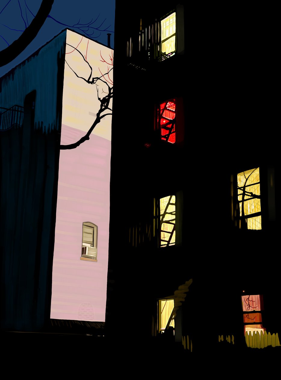 Színes ablakok lakóházak éjszaka Brooklyn (digitális művészet) alkotó: Evan Sklar