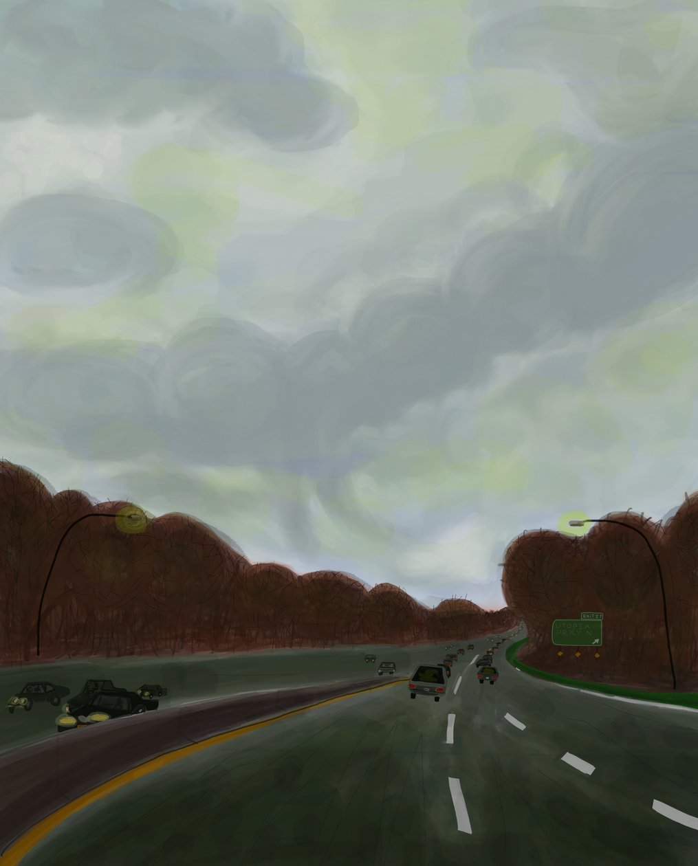 Vezetés a Long Island Expressway-en, 2017 (kézzel rajzolt egy iPad-en egy Apple ceruzával) alkotó: Evan Sklar