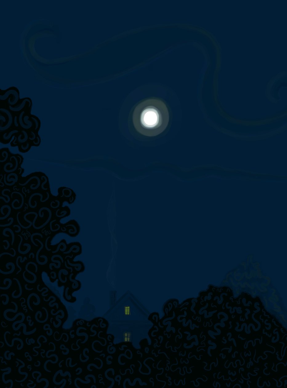 House with Gable and Moon at Night Shadows of Trees (digitális művészet) alkotó: Evan Sklar