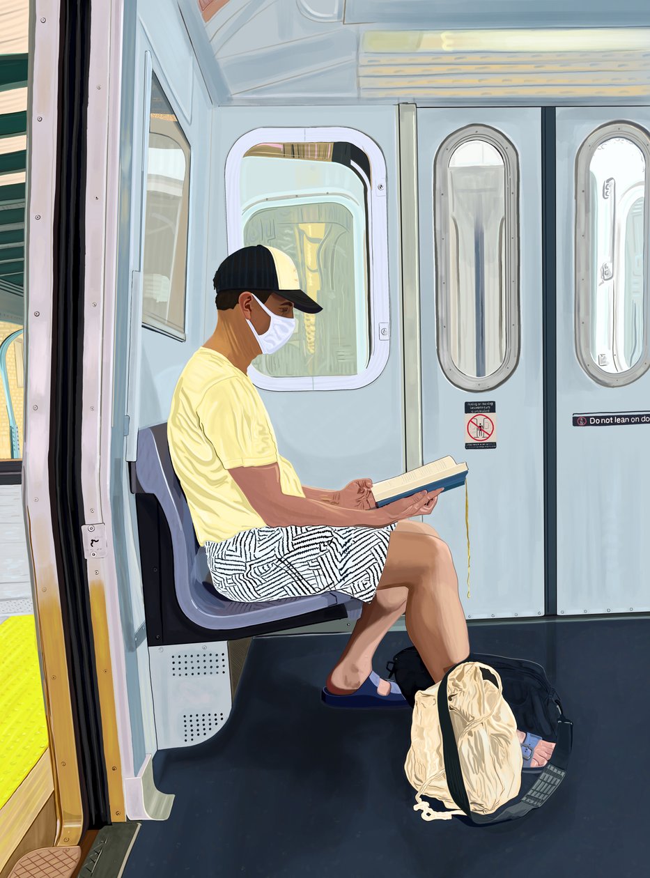 Levetkőzött rövidnadrágos férfi könyvet olvas a metrón, 2020-24 körül (digitális művészet) alkotó: Evan Sklar