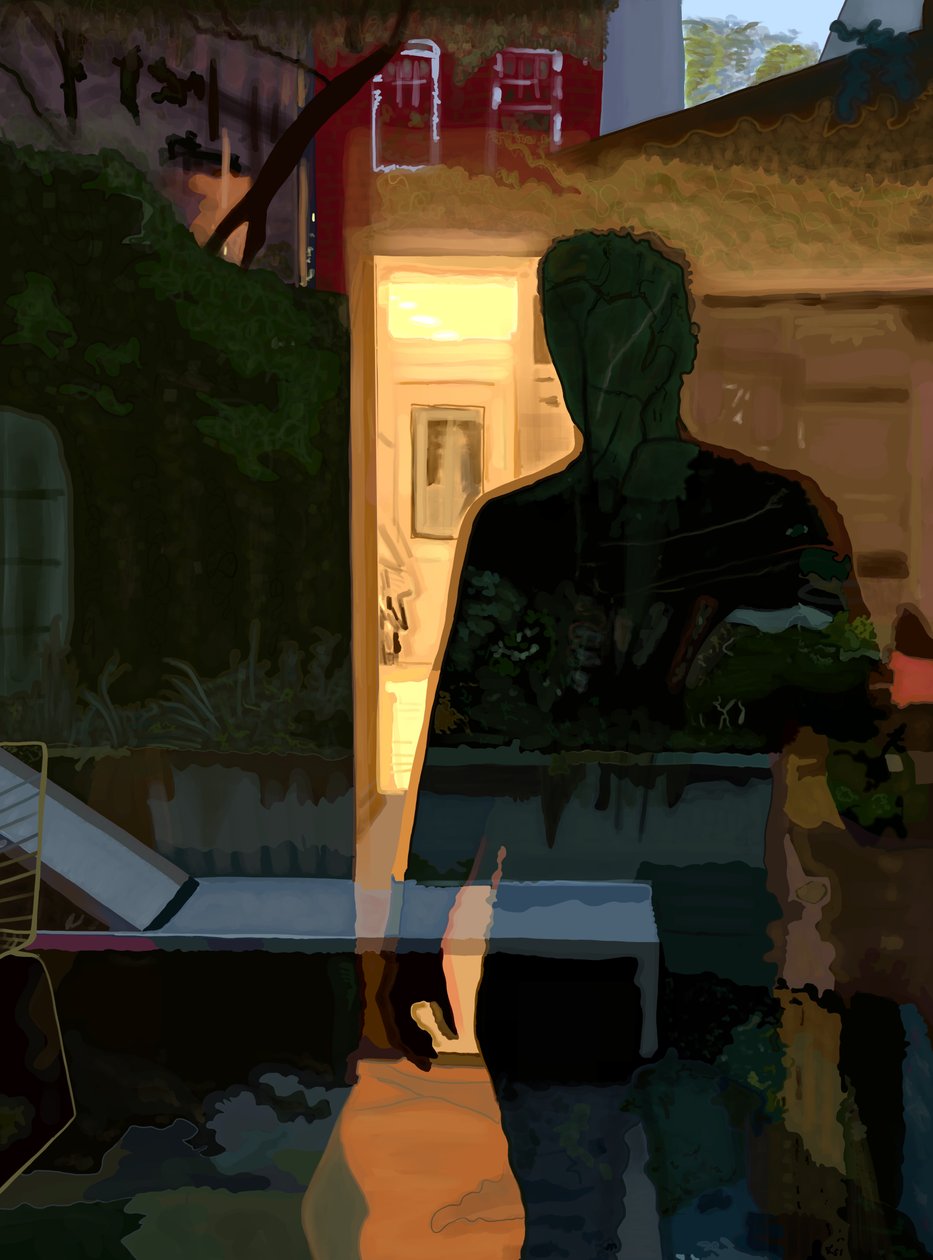 Ember tükröződik ablakban hajnalban, Brooklyn (digitális művészet) alkotó: Evan Sklar