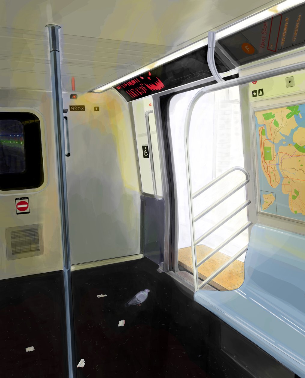 Galamb a metrón (digitális művészet) alkotó: Evan Sklar