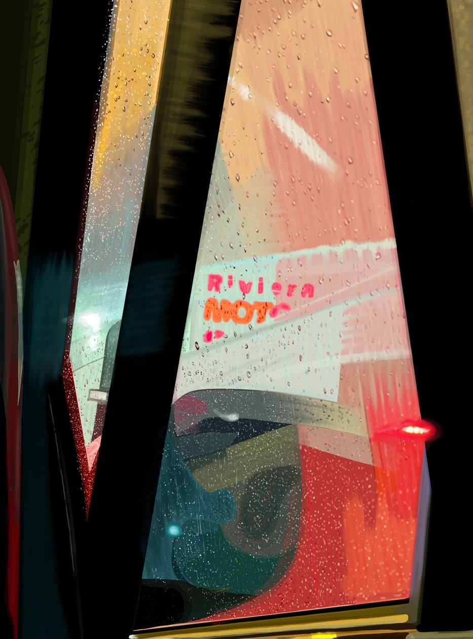Rivera Motel tábla autóból esős éjszakán (digitális művészet) alkotó: Evan Sklar