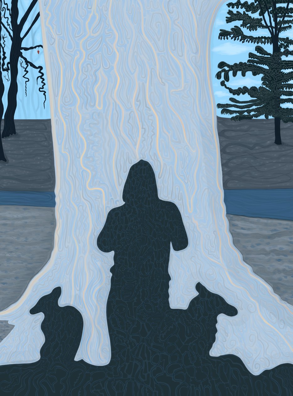 Shadow of Man and Dogs on Large Tree Trunk, Brooklyn (digitális művészet) alkotó: Evan Sklar