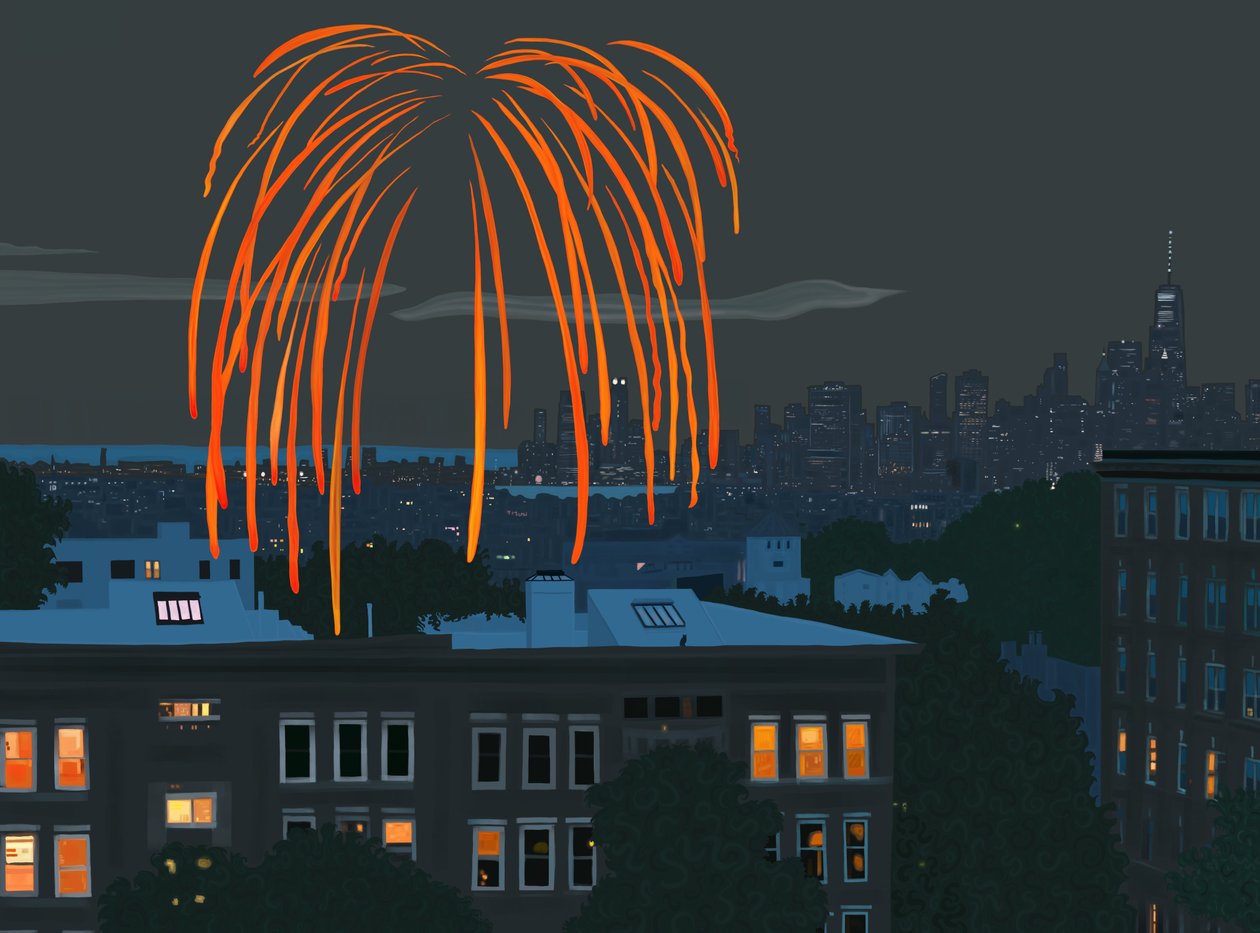 Kilátás New York kikötő és Skyline tűzijátékkal Brooklynból (digitális művészet) alkotó: Evan Sklar