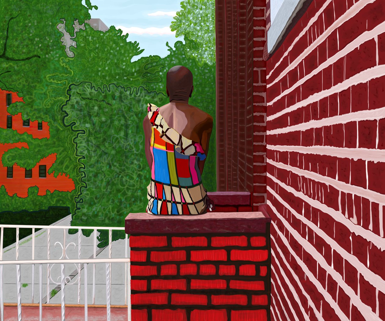 Nő ül Crown Heights, nyár (digitális művészet) alkotó: Evan Sklar