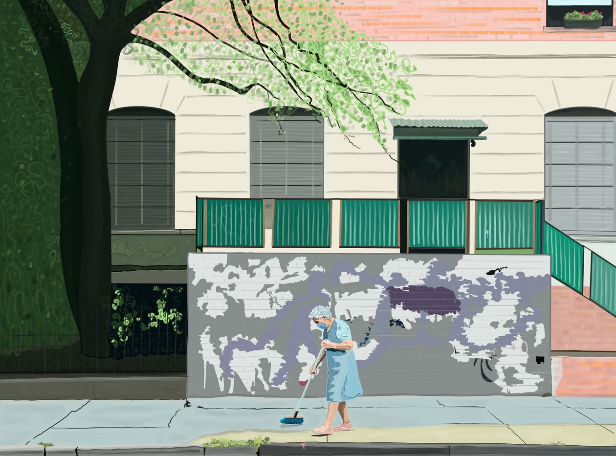 Woman Sweeping Sidewalk, Brooklyn (digitális művészet) alkotó: Evan Sklar