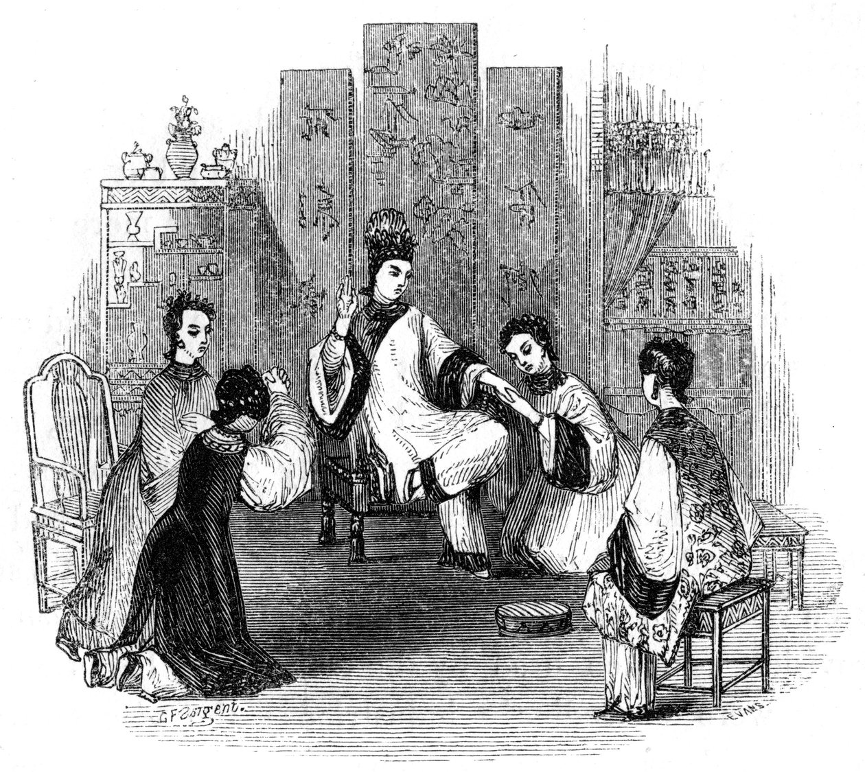 Menyasszonnyal síró kínai lányok, 1847 alkotó: Evans