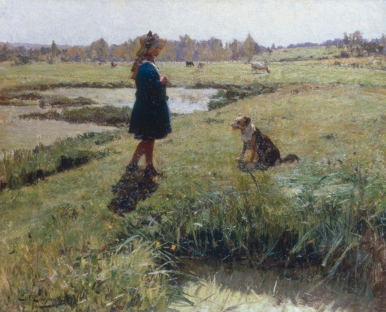 Fiatal lány és a kutyája a réten alkotó: Evariste Carpentier