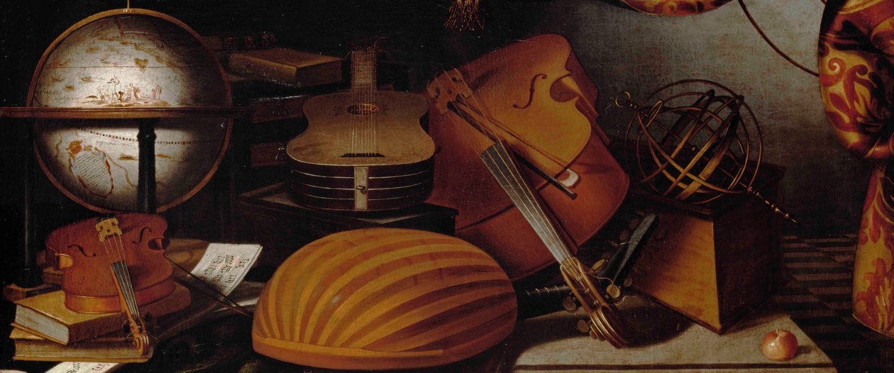Csendélet hangszerekkel, Földgömb és Armilláris gömbrészlet, 17. század. alkotó: Evaristo Baschenis