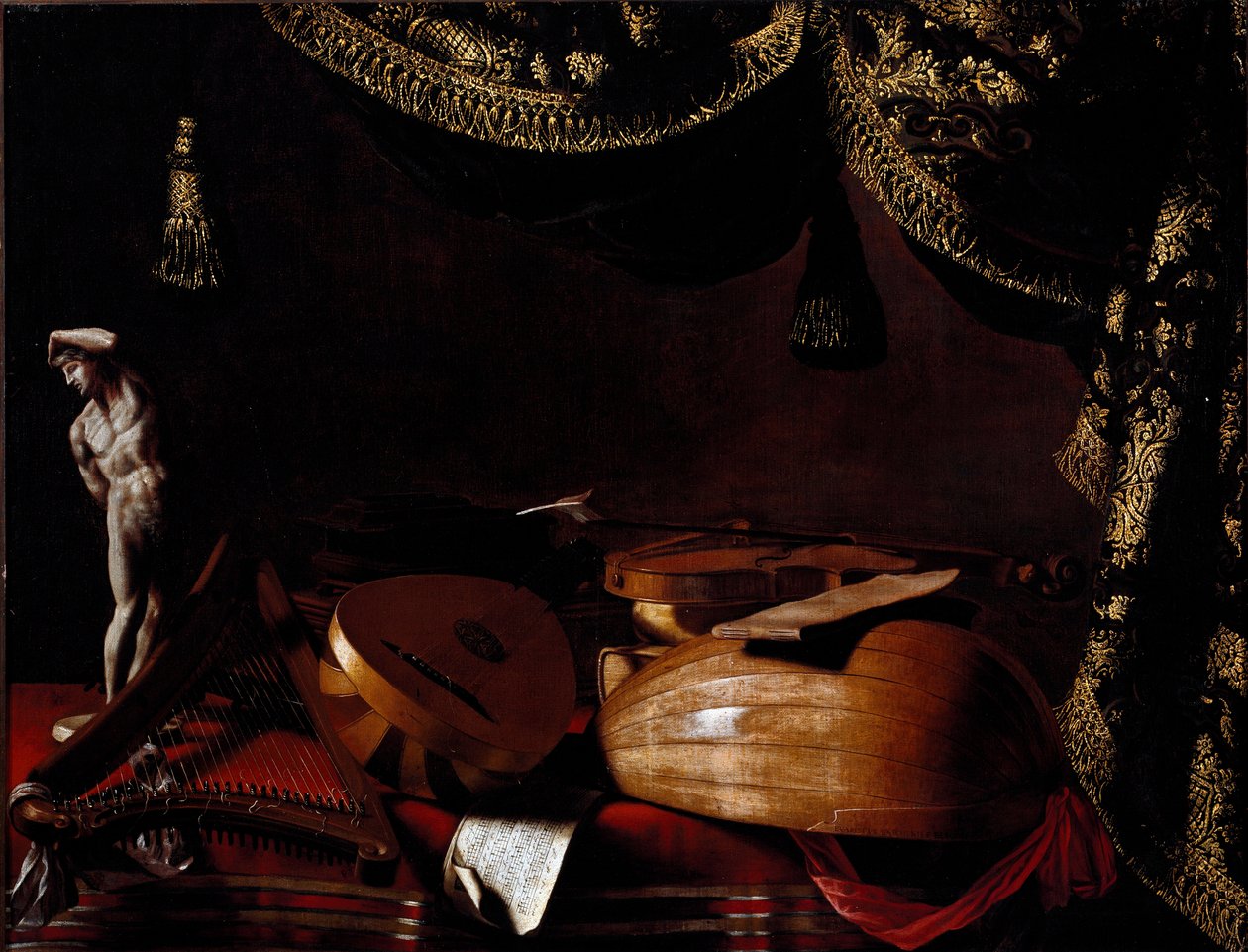Csendélet hangszerekkel Evarista Baschenis (1617-1677) festménye XVII. Bergamo, Accademia Carrara, Olaszország alkotó: Evaristo Baschenis