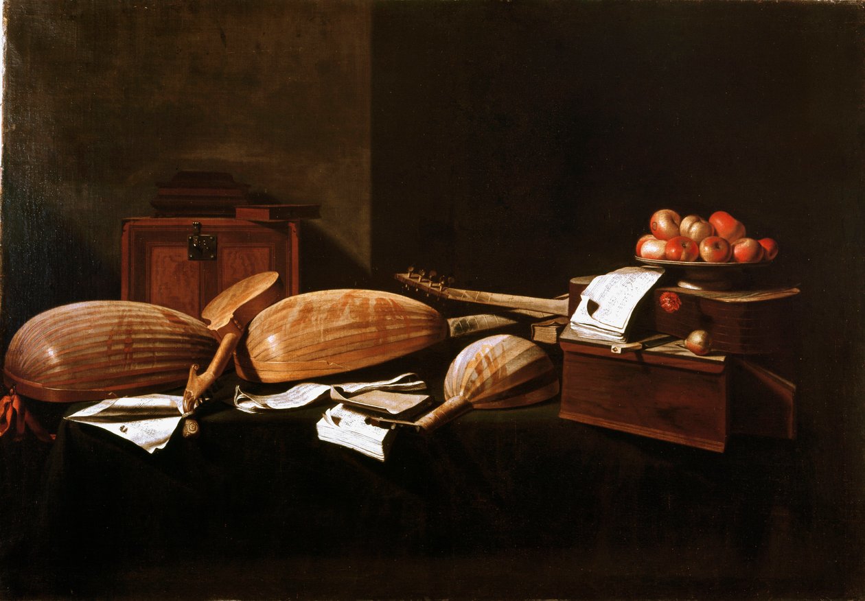 Csendélet Peches és hangszerek. Evaristo Baschenis (1617-1677) festménye, 17. századi Bergamo, Magángyűjtemény alkotó: Evaristo Baschenis