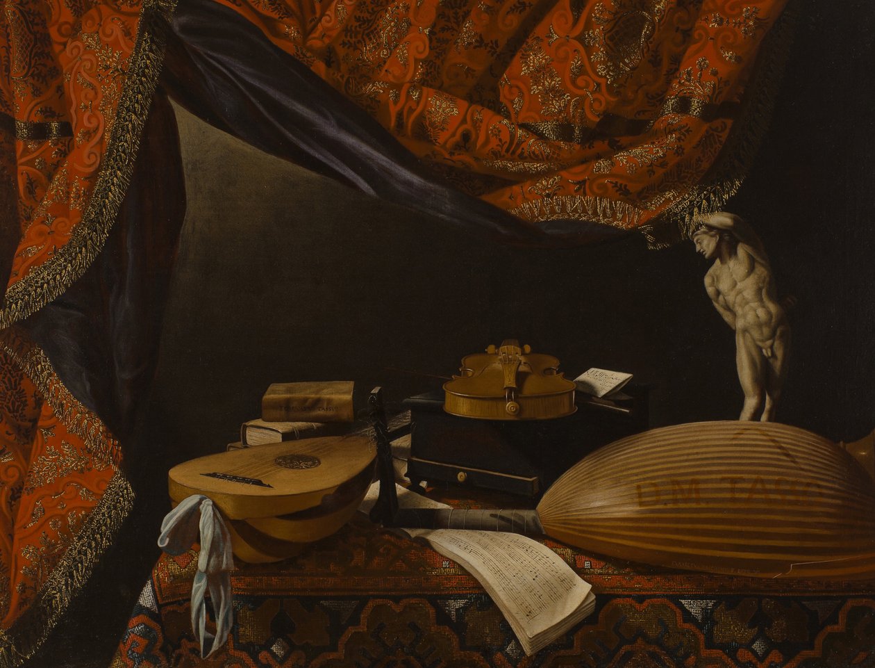 Csendélet hangszerekkel, könyvekkel és szobrászattal, c. 1650 alkotó: Evaristo Baschenis