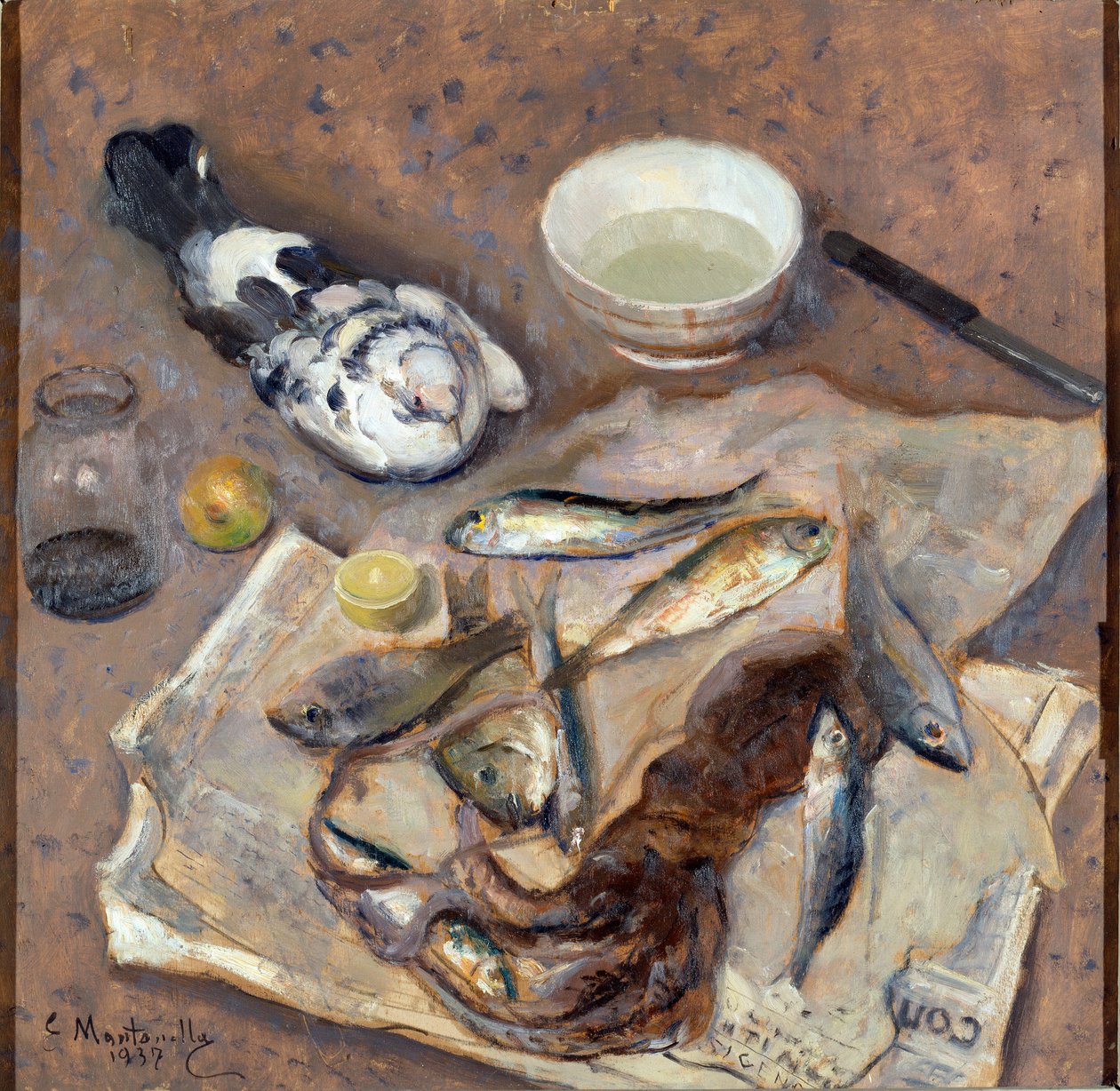Csendélet Hal és galamb. Evasio Montanella (1878-1940) festménye 1937 V. 62x64 cm Genes Nervi, Galleria by Arte Moderna, inv. 0433 alkotó: Evasio Montanella