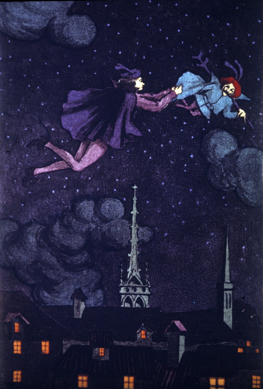 Illusztráció Alain Rene Lesage (Alain-Rene Le Sage) (1668-1747) (1707) „A sánta ördög” című regényéhez. E.Torrent rajza, 1930 körül. alkotó: Evelio Torrent