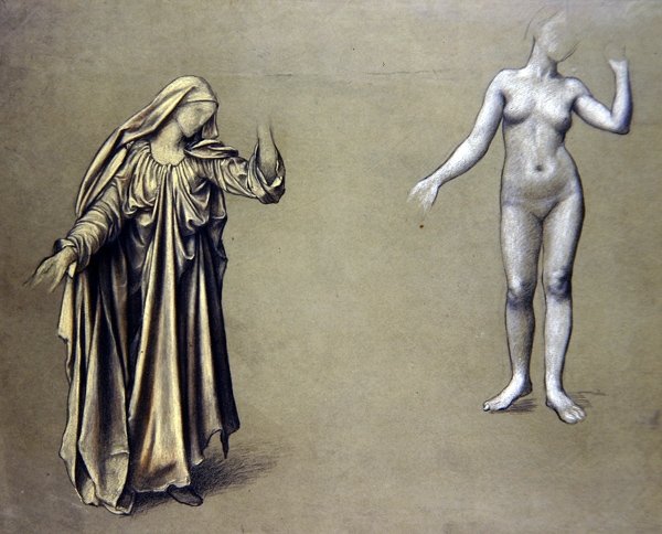 Drapírozott figura tanulmány a kísérő akttal (színes kréták papíron) alkotó: Evelyn De Morgan