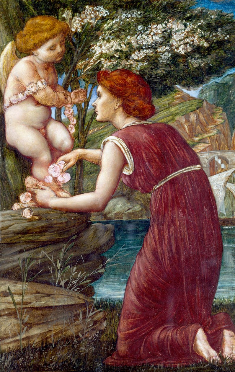 "Ámor kultusza" Fiatal nő, kezében a szerelem istenének szobrocskájával. Evelyn De Morgan (1855-1919) (preraffaelita) festménye Magántulajdon. alkotó: Evelyn De Morgan