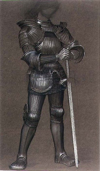 Study of Armour for "Life and Thought Have Gone Away", 1893 körül (fekete-fehér kréta színezett papíron) alkotó: Evelyn De Morgan
