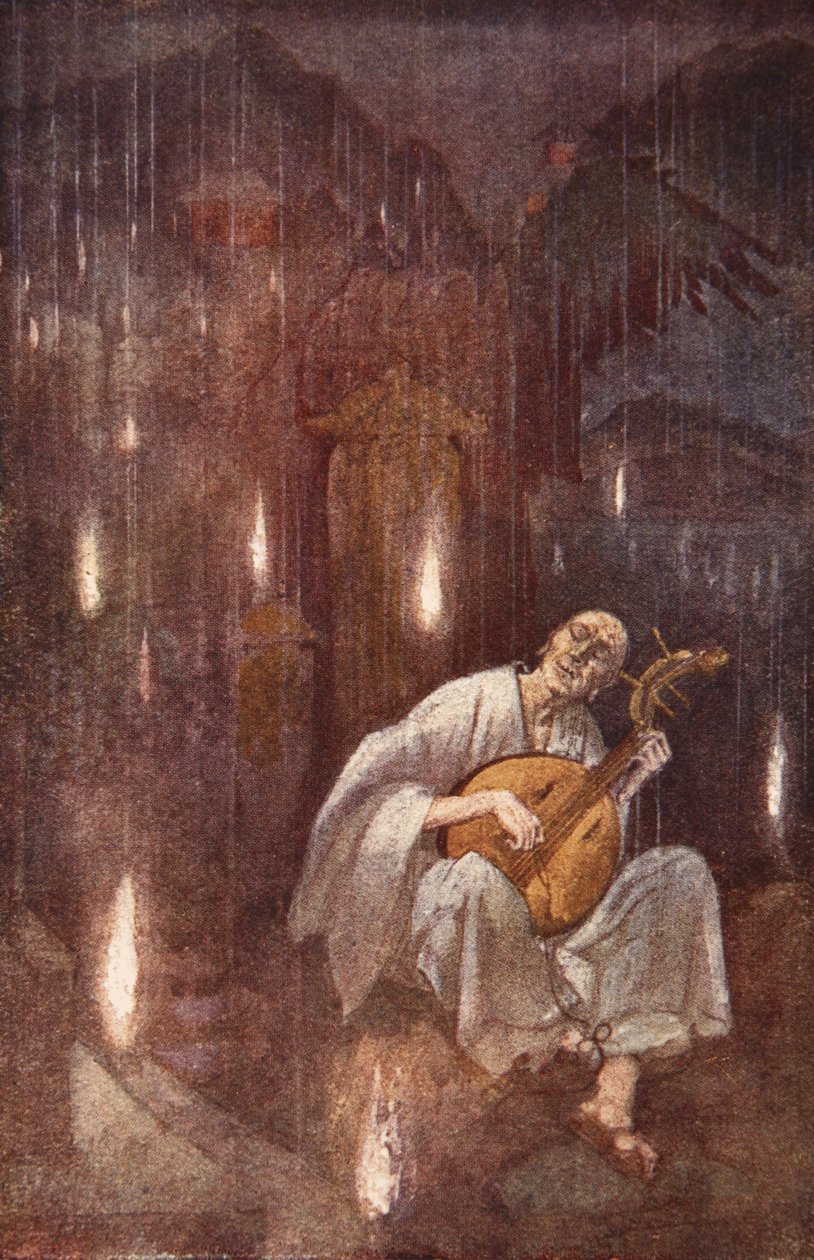 Hoichi-the-Earless, illusztráció a „Japán mítoszai és legendái” című művéből, F. Hadland Davis alkotó: Evelyn Paul
