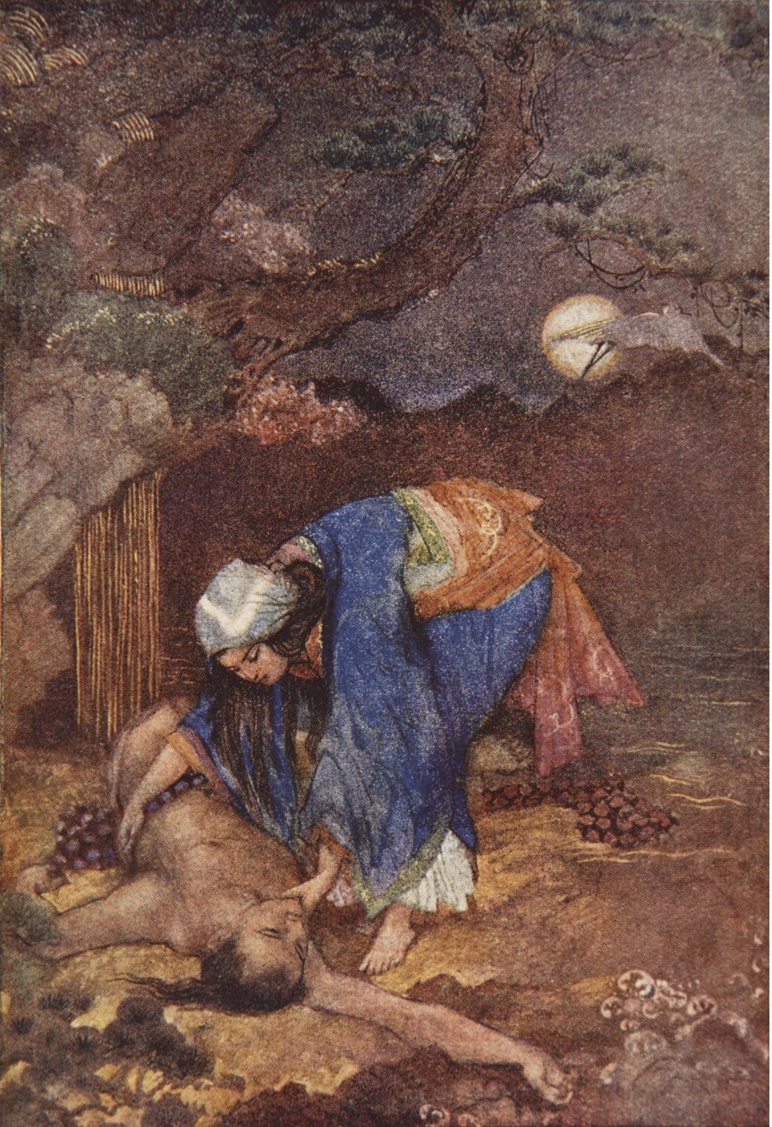 Matsu megmenti Teoyót, illusztrációja F. Hadland Davis „Japán mítoszai és legendái” című könyvéből alkotó: Evelyn Paul