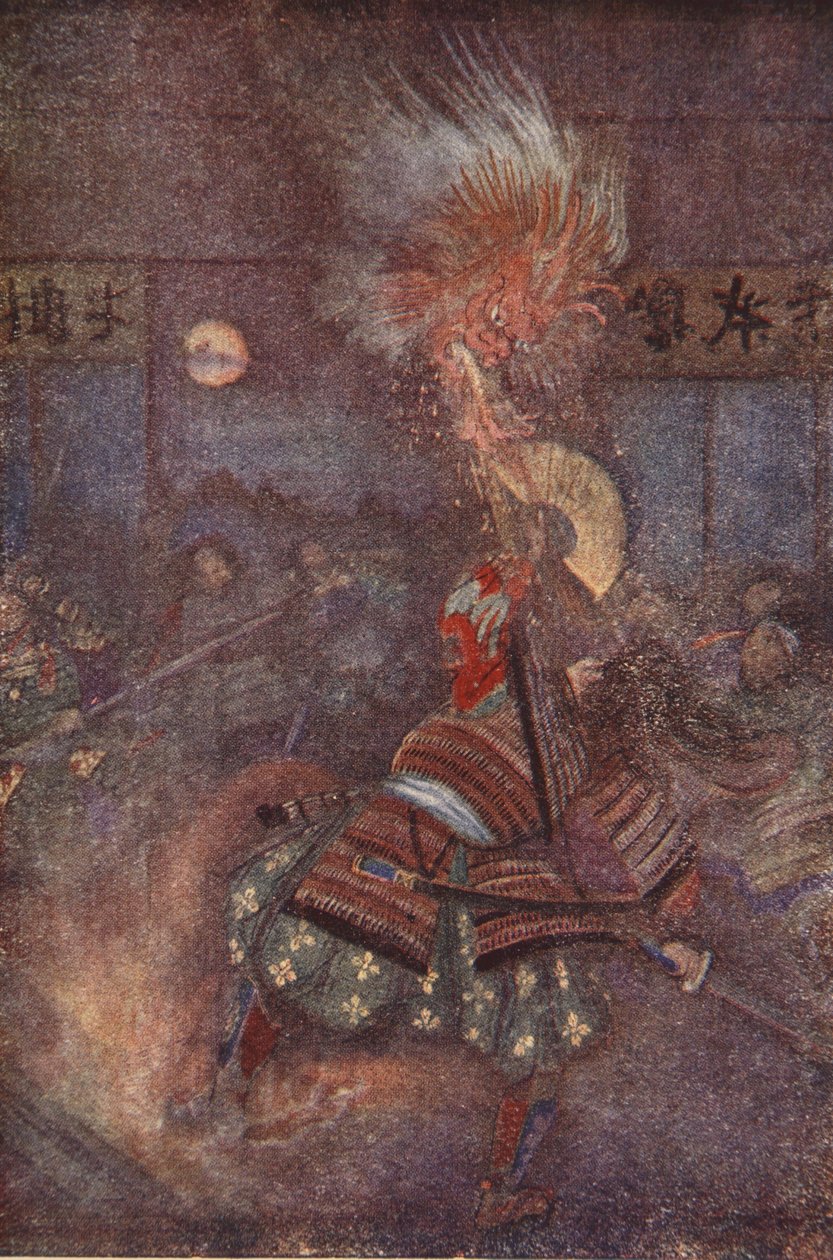Raiko megöli Oyeyama koboldját, illusztrációja F. Hadland Davis „Japán mítoszai és legendái” című művéből alkotó: Evelyn Paul