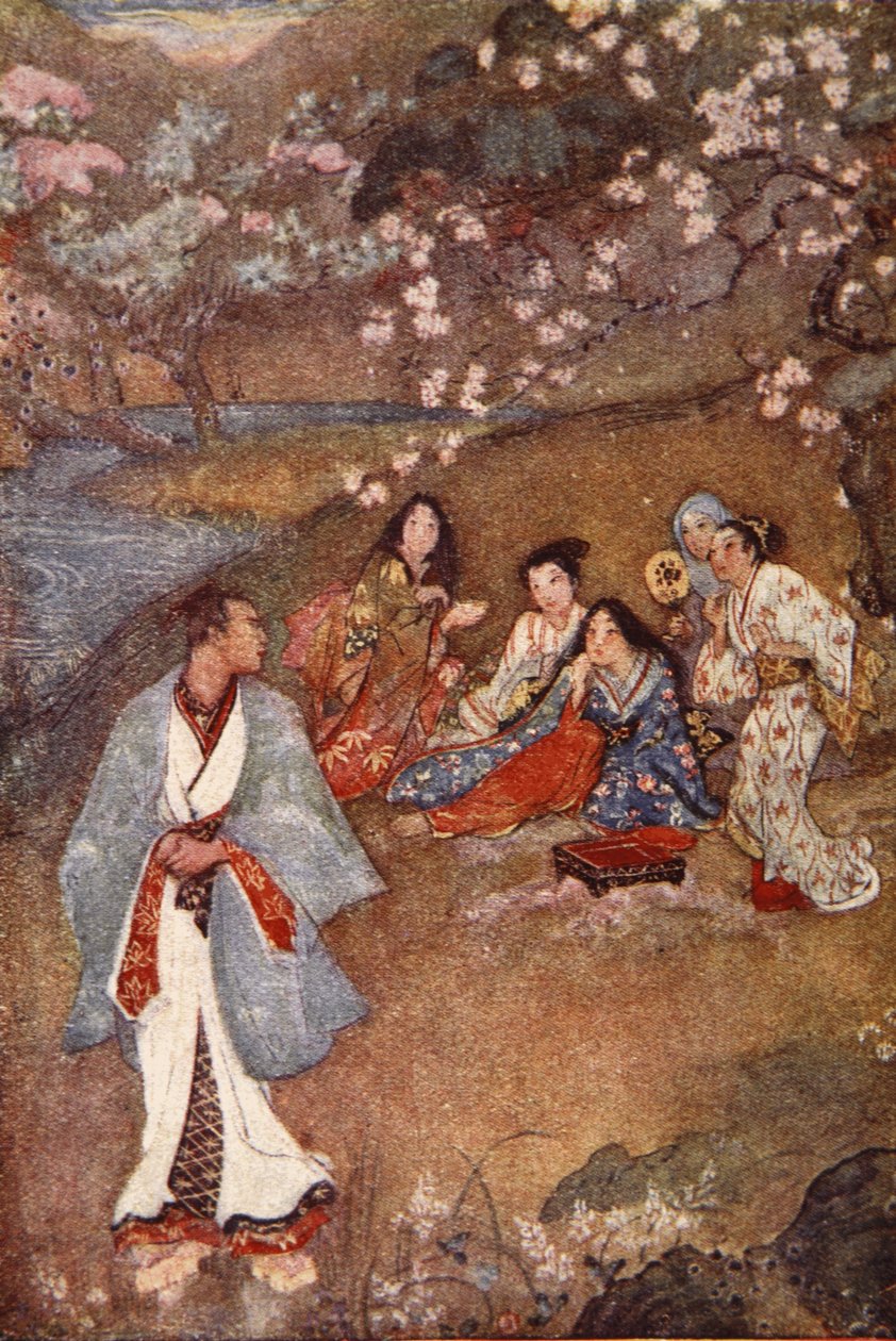 Zsindely és Yoshizawa az ibolya kút mellett, illusztrációja F. Hadland Davis „Japán mítoszai és legendái” című művéből alkotó: Evelyn Paul
