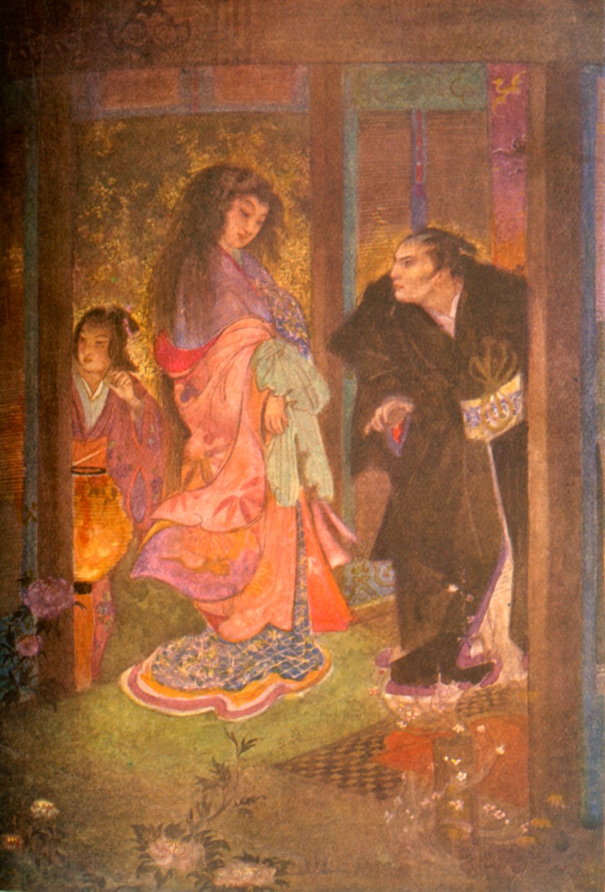 „Shinzaburo felismerte Tsuyut és szobalányát, Yonét”, 1912. alkotó: Evelyn Paul