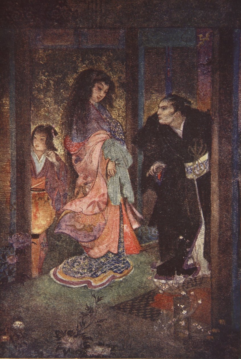 Shinzaburo felismerte Tsuyut és szobalányát, Yone-t, illusztrációja F. Hadland Davis „Japán mítoszai és legendái” című könyvéből alkotó: Evelyn Paul