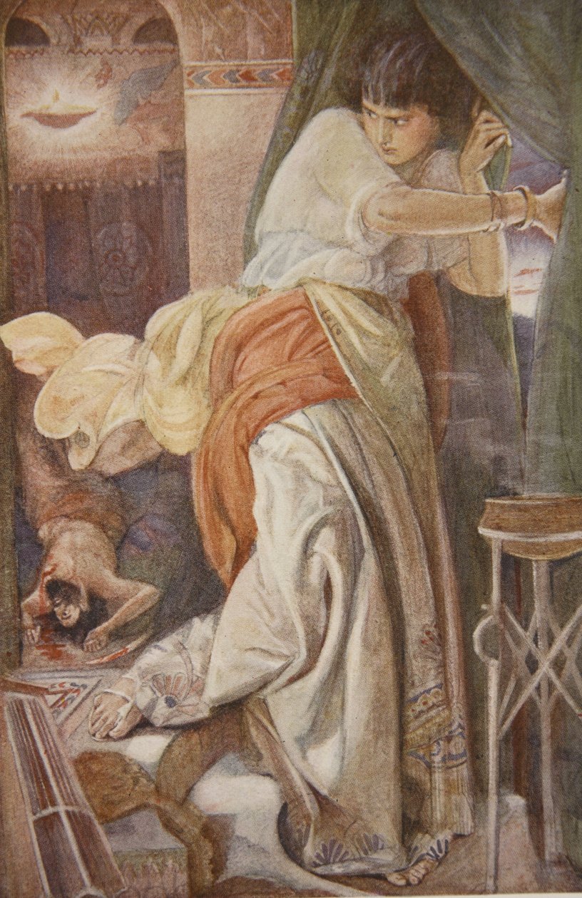 Setapo meggyilkolása, illusztráció a Babilónia és Asszíria mítoszai és legendái című művéből, Lewis Spence alkotó: Evelyn Paul