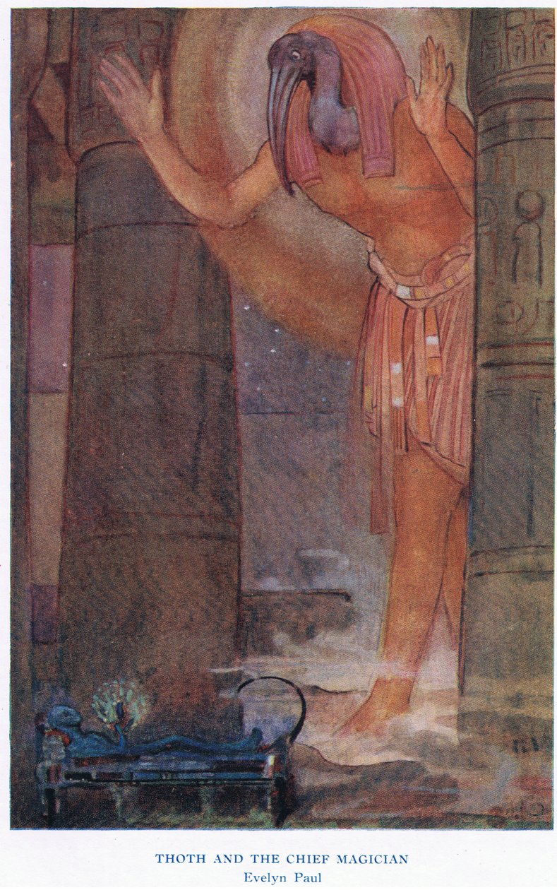 Thoth és a főmágus, illusztráció a „Mítoszok könyvéből” (színes litho) alkotó: Evelyn Paul