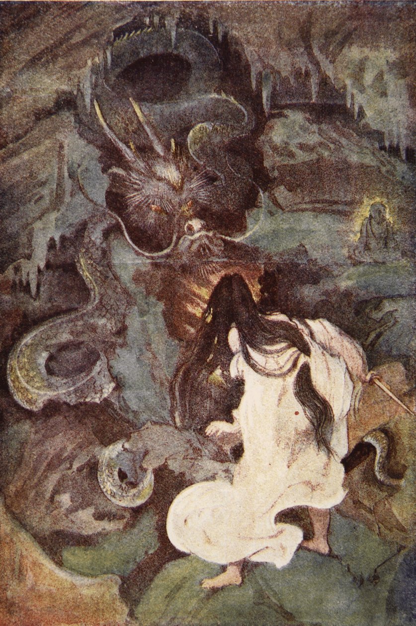 Tokoyo és a tengeri kígyó, illusztrációja F. Hadland Davis „Japán mítoszai és legendái” című művéből alkotó: Evelyn Paul