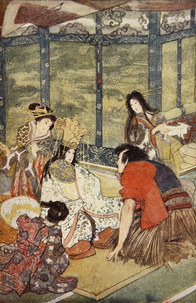 Urasima és a tengeri király lánya, illusztrációja F. Hadland Davis „Japán mítoszai és legendái” című művéből alkotó: Evelyn Paul