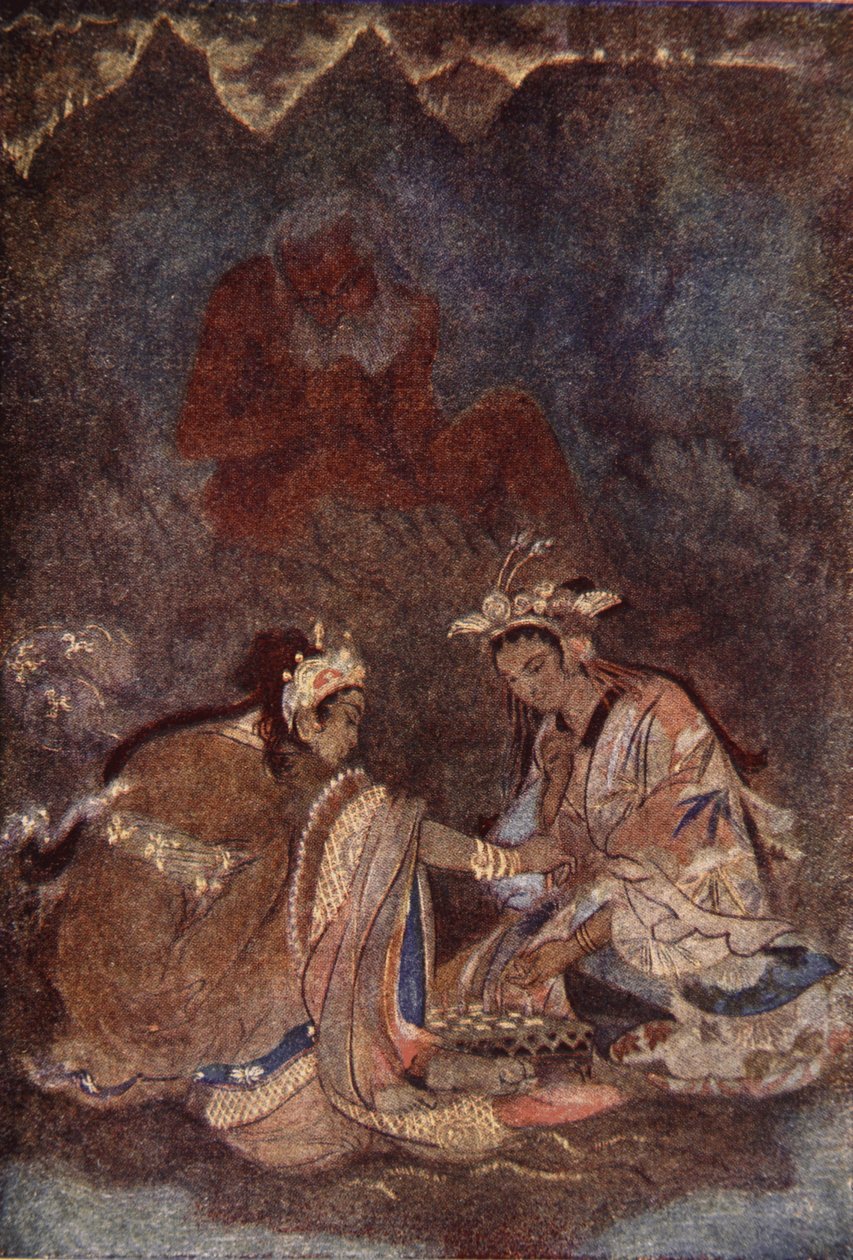 Visu a Fuji-Yama hegyen, illusztrációja F. Hadland Davis „Japán mítoszai és legendái” című könyvéből alkotó: Evelyn Paul