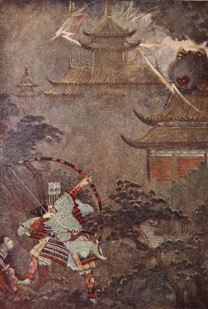 Yorimasa megöli a szörnyet, illusztrációja F Hadland Davis „Japán mítoszai és legendái” című művéből alkotó: Evelyn Paul