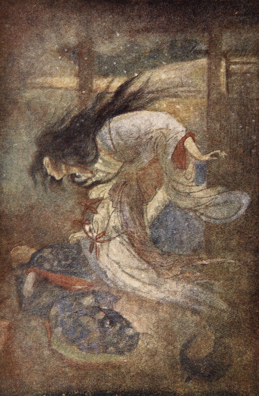 Yuki-Onna, A hó hölgye, illusztrációja F. Hadland Davis „Japán mítoszai és legendái” című művéből alkotó: Evelyn Paul