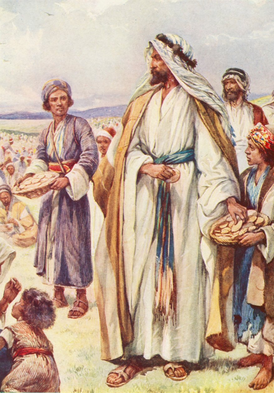 Jézus táplálja a nagy tömeget (színes litográfia) alkotó: Evelyn Stuart Hardy