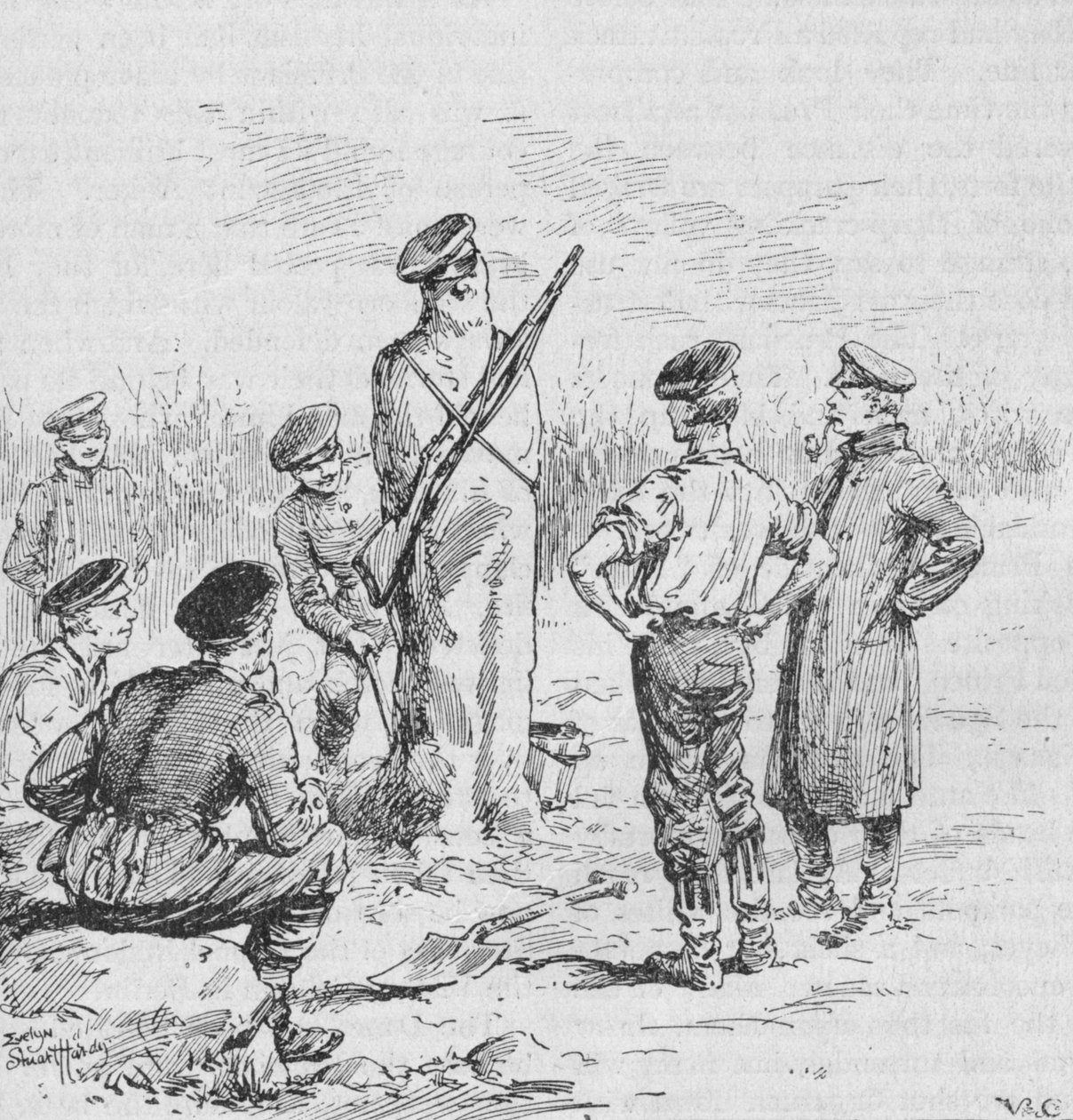 A német katonák agyagból őrszemeket készítenek, 1902 alkotó: Evelyn Stuart Hardy