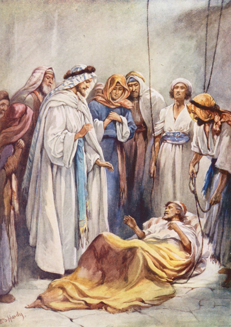 Az ember, akit a tetőn keresztül engedtek le (színes litográfia) alkotó: Evelyn Stuart Hardy