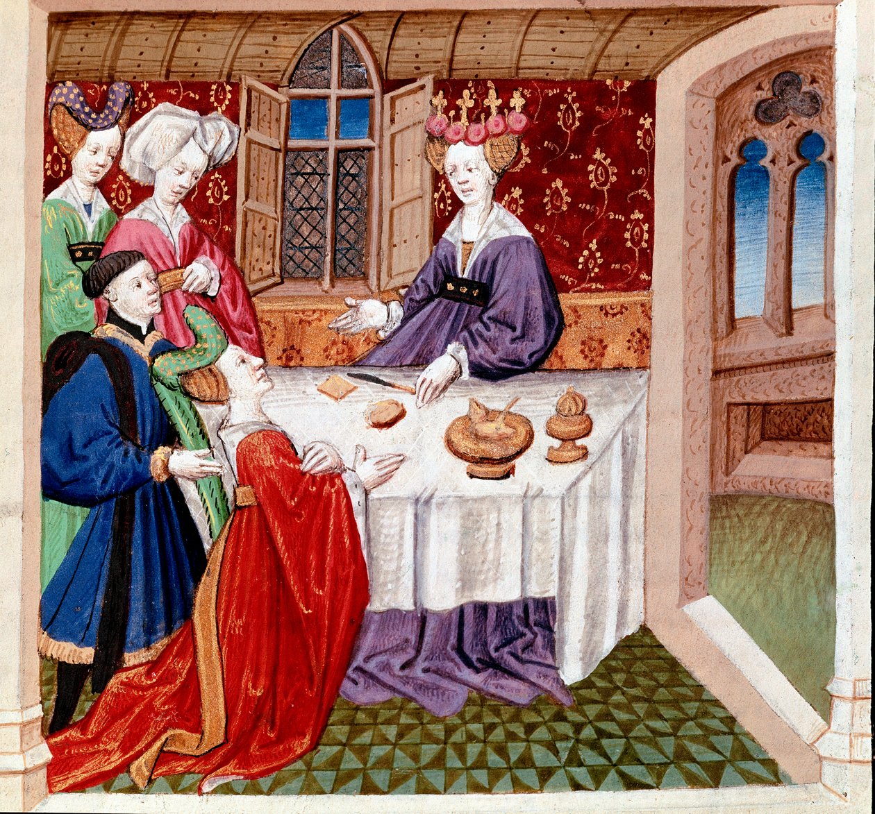 Iseult (vagy Iseult) az asztalánál ülő Guenevre királynő védelmét kéri. Miniatűr Gassien de Poitiers „román du Chevalier Tristan et de la reine Yseult”-ból, Everard de Espinques (Evrard d