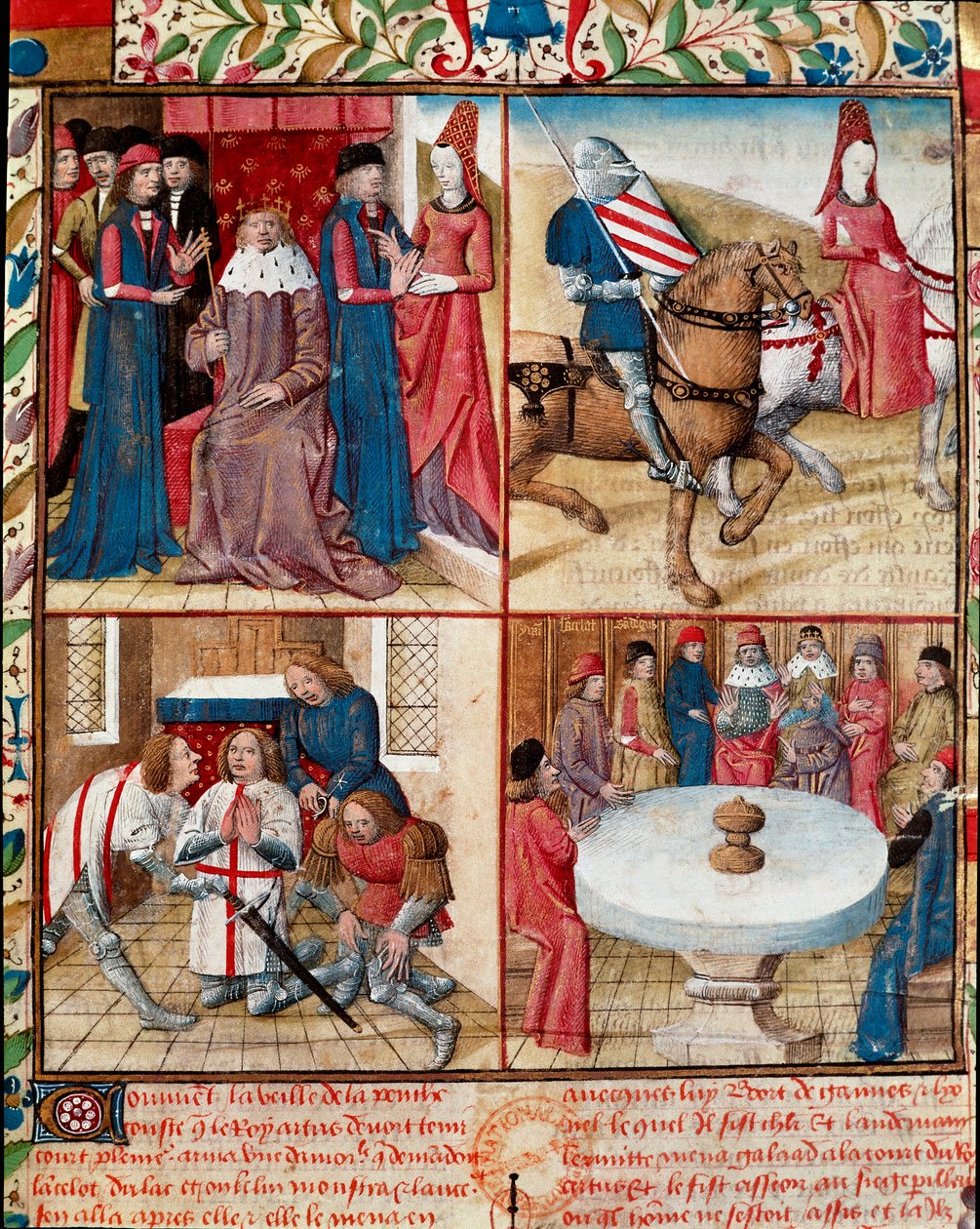 Arthur király udvartartást tart, Lancelot egy hölgy vezette az apátságba, ellágyulva Galahadtól (Galad vagy Galaad) az apátságig és a Szent Grál körüli Kerekasztal lovagjaiig. Gassien de P alkotó: Everard de Espinques