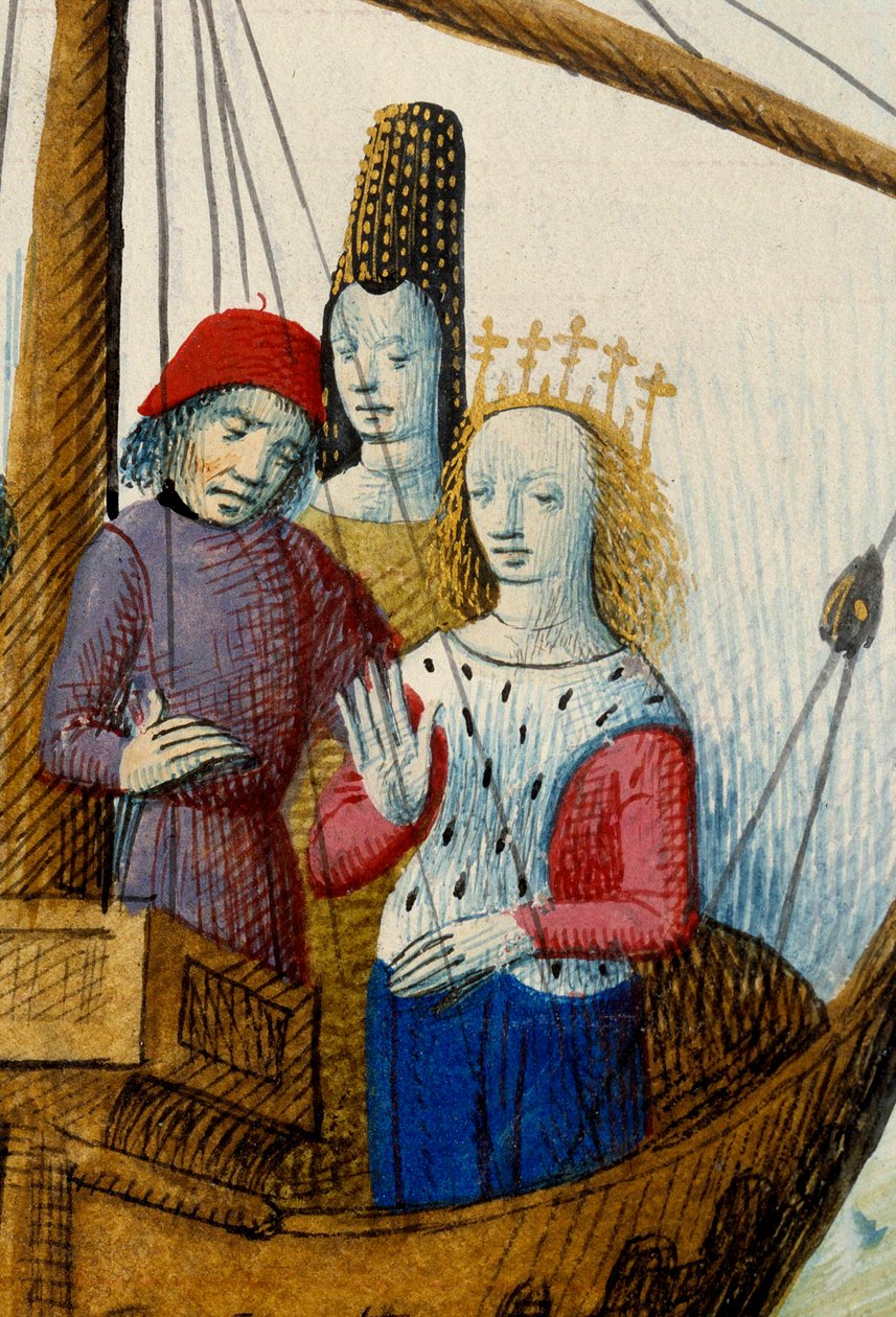 Trisztán Iseult királynője (Iseult) és elindultak Logres királyságába. Miniatűr a „román du Chevalier Tristan és Yseult királynő”-ből, Gassien de Poitierstől, Everard de Espinques (Evrard d