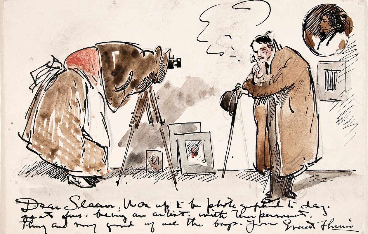 Gertrude Kasebier (1852-1934) karikatúrája Shinnről, amint éppen fényképezi. alkotó: Everett Shinn