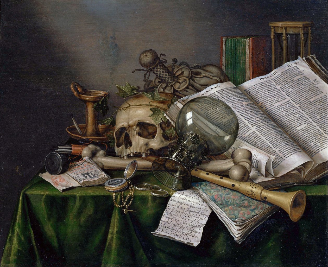 Vanitas - Csendélet könyvekkel és kéziratokkal és egy koponyával alkotó: Evert Collier