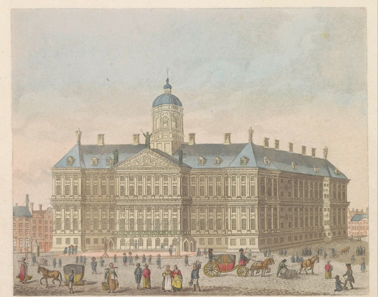 Királyi palota a Dam téren, 1810-1813 körül Vue du Palais Roijal, et de la Place le Dam (cím a tárgyon) alkotó: Evert Maaskamp