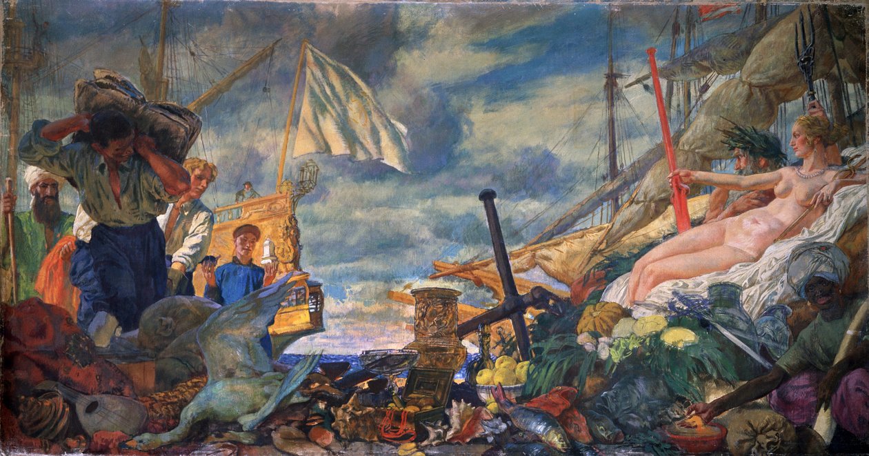 A nemzetközi kereskedelem allegóriája. Jevgenyij Jevgenyevics Lanceray (Jevgeny Lansere) festménye (1875-1946), olaj, vászon. Orosz művészet, 19. század vége-XX. század eleje. Állami Tretyakov Galéria, Moszkva. alkotó: Evgeni Evgenievitch Lanceray