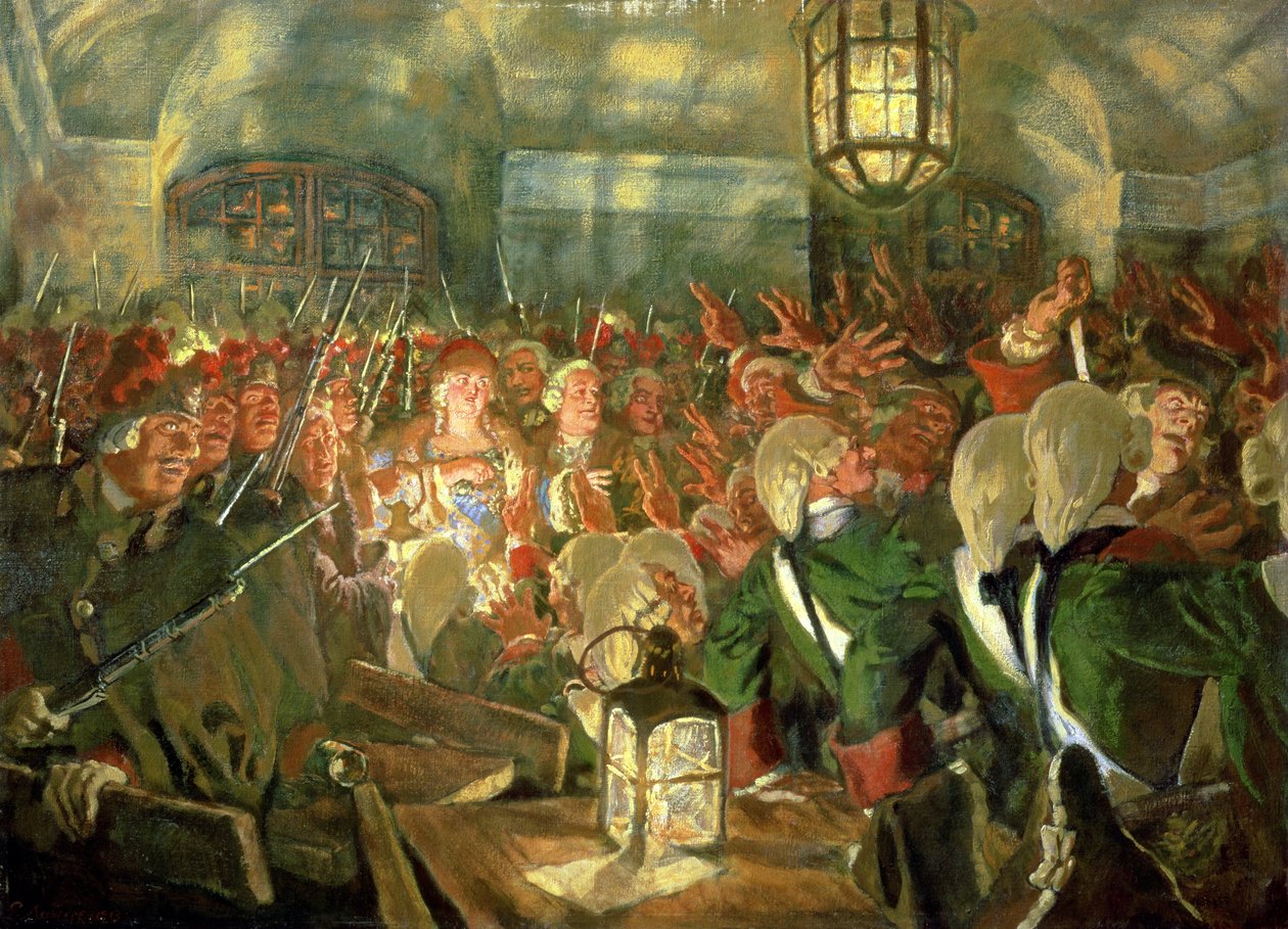 Erzsébet nagyhercegnő gárdákkal az 1741-es államcsíny alatt alkotó: Evgeni Evgenievitch Lanceray
