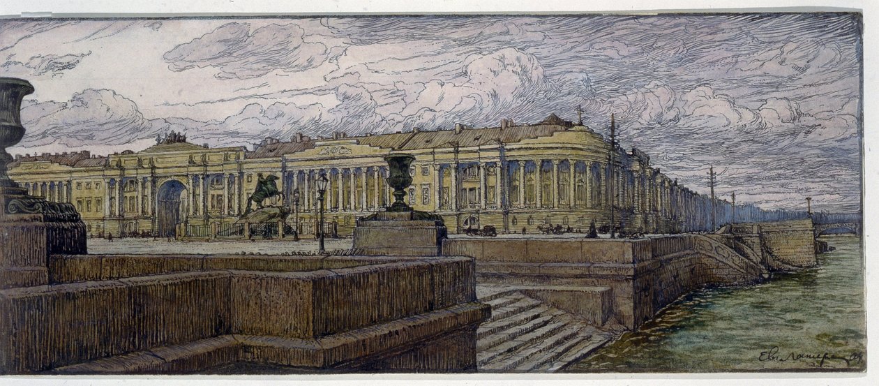 A szenátus helye Szentpéterváron. A Néva-parti épületek leírása. Jevgenyij Jevgenyevics Lanceray (Eugene Lansere) (1875-1946) munkája, litográfia alkotó: Evgeni Evgenievitch Lanceray