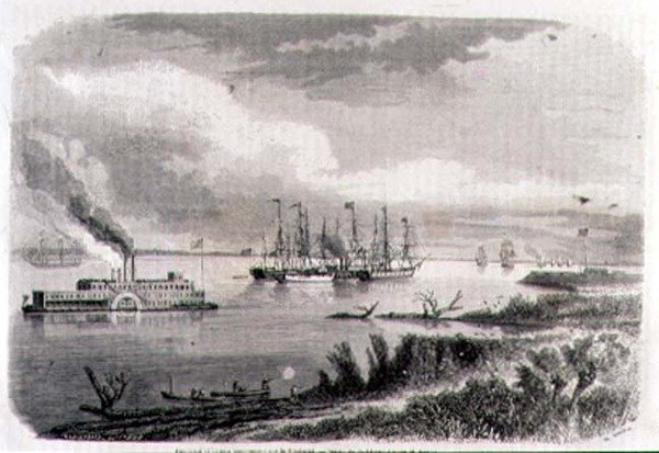 Egy gőzhajó és egy vontatóhajó a Mississippin, metszett Stephane Pannemaker (1847-1930) (metszet) alkotó: Evremond de (after) Berard