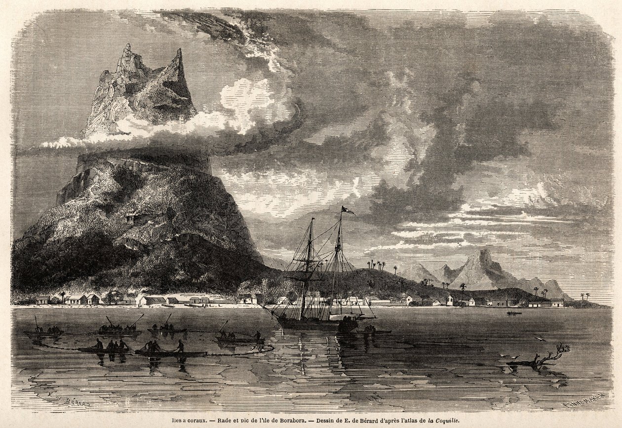 Borabora szigetének Rade és csúcsa, Evremond Auguste de Berard (1824-1881) rajza egy természettudós 1858-as utazásának szemléltetésére a Galápagos-szigeteken és a korallszigeteken, Charles Darwin (1809-1882) által. Metszet a „” Le tour du mond nyelven alkotó: Evremond de (after) Berard