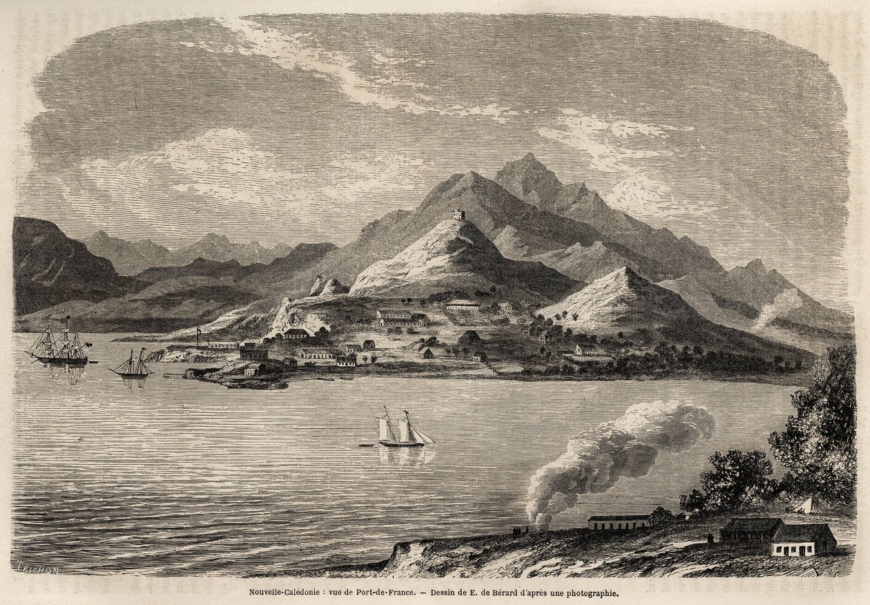 Francia kikötő képe, Új-Kaledónia, Evremont de Berard (1824-1881) rajza Victor de Rochas 1859-es új-kaledóniai utazásának szemléltetésére. Metszet a „” Le tour du monde”-ban 1861. Selva gyűjteménye. alkotó: Evremond de (after) Berard